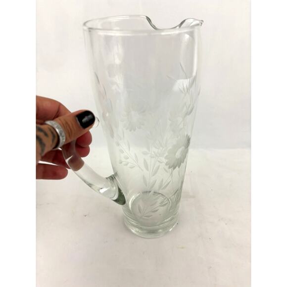 Vintage Mid Century Modern Floral Etched Tall Glass Pitcher 9" Hand Blown - Picture 6 of 13